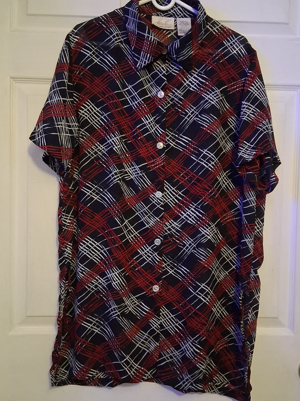 Kathie Lee Collection Navy, Red & White Plaid Short-Sleeve Button-Down